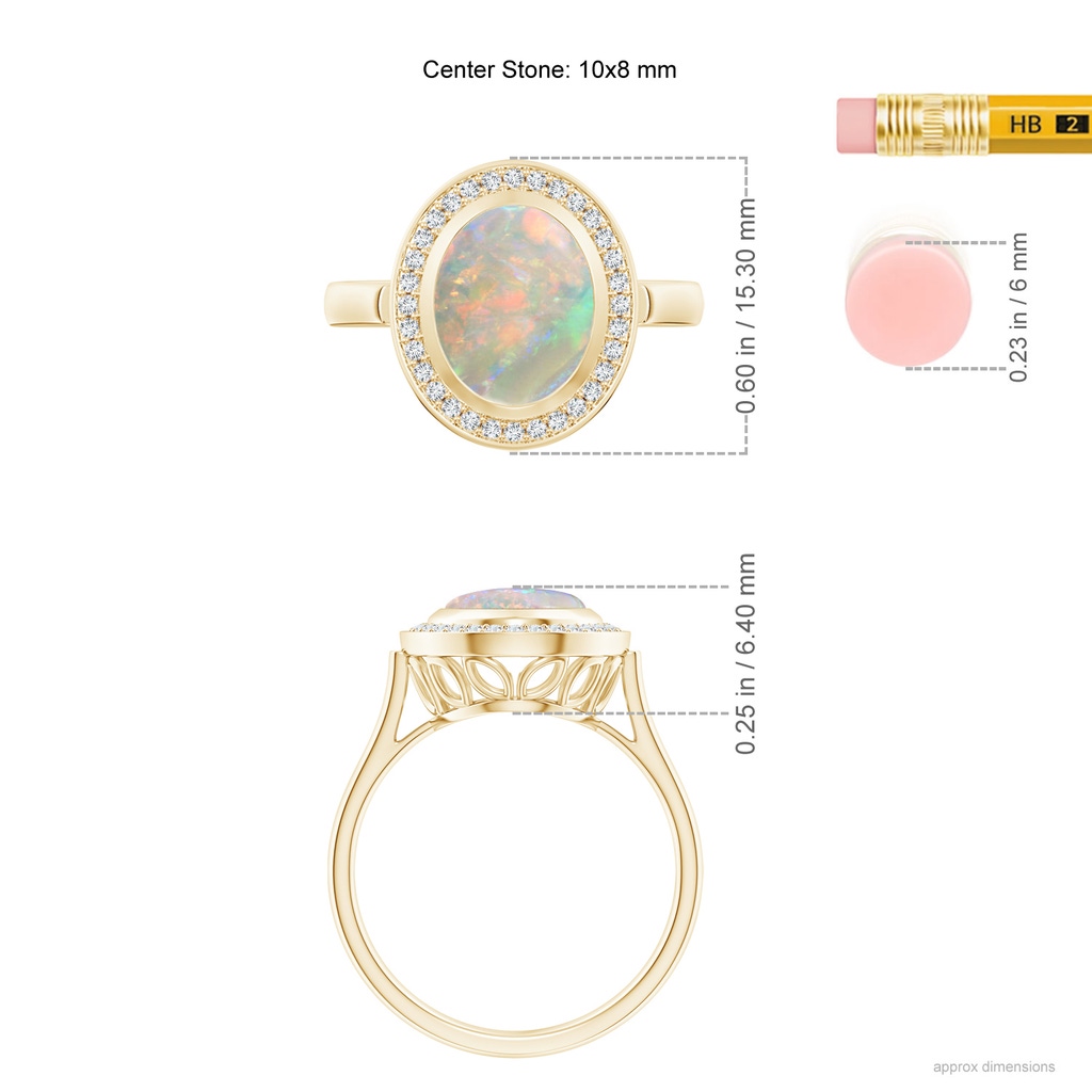10x8mm AAAA Bezel-Set Oval Opal Ring with Diamond Halo in Yellow Gold Ruler
