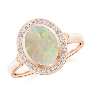 9x7mm AAA Bezel-Set Oval Opal Ring with Diamond Halo in 10K Rose Gold