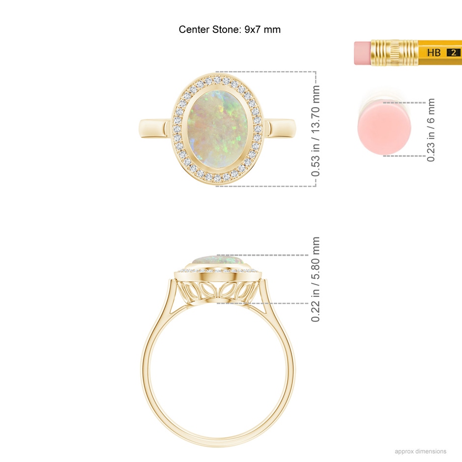 9x7mm AAA Bezel-Set Oval Opal Ring with Diamond Halo in Yellow Gold ruler