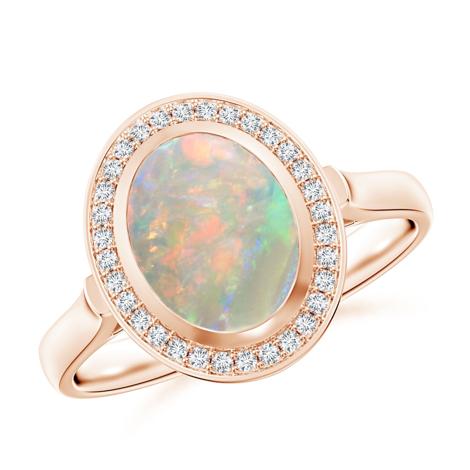 9x7mm AAAA Bezel-Set Oval Opal Ring with Diamond Halo in Rose Gold 