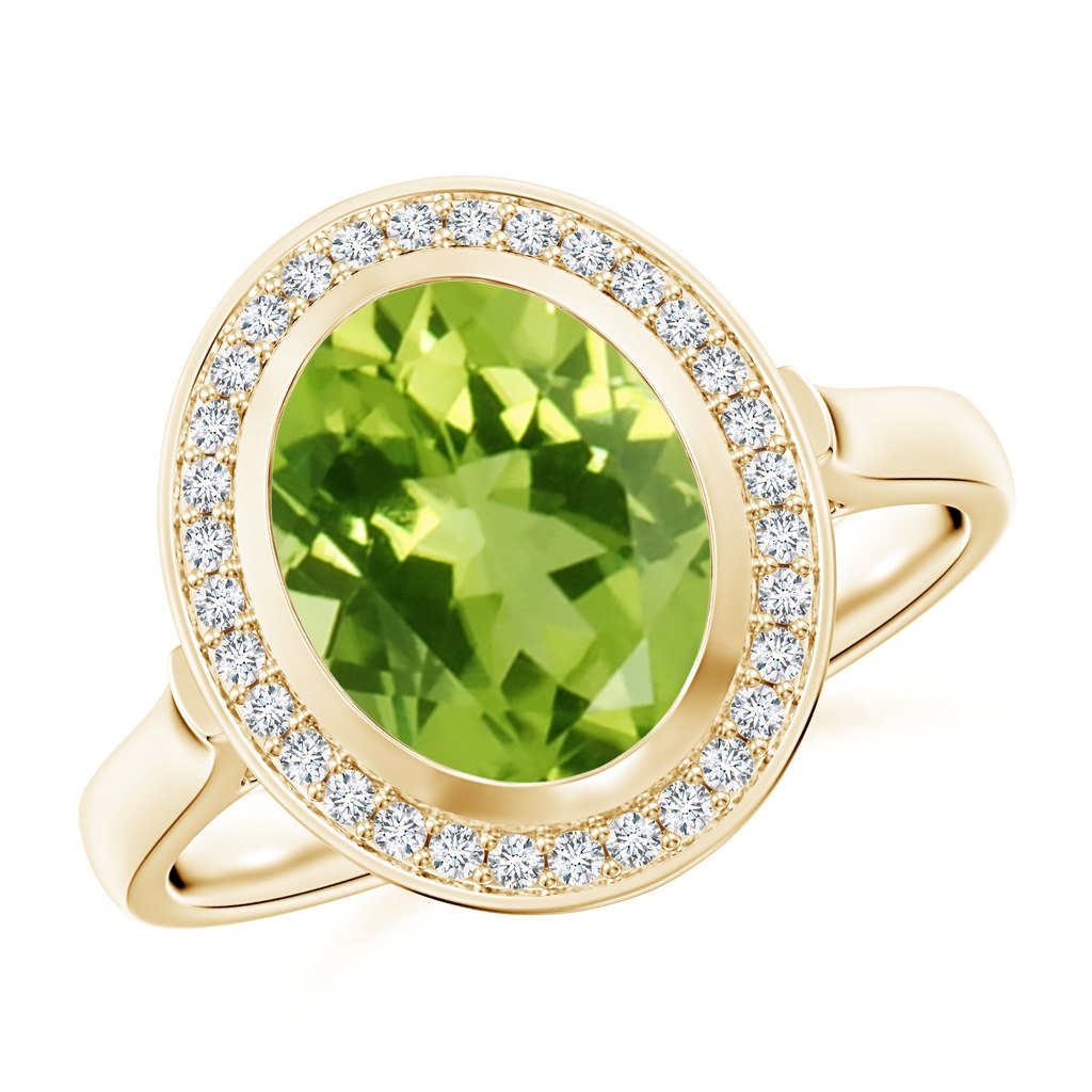 10x8mm AAA Bezel-Set Oval Peridot Ring with Diamond Halo in Yellow Gold