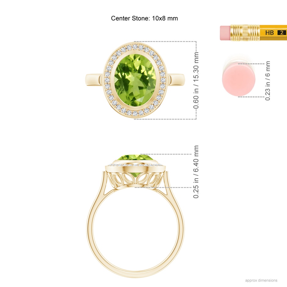 10x8mm AAA Bezel-Set Oval Peridot Ring with Diamond Halo in Yellow Gold ruler