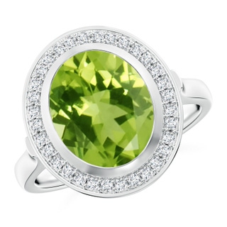 11x9mm AAA Bezel-Set Oval Peridot Ring with Diamond Halo in White Gold