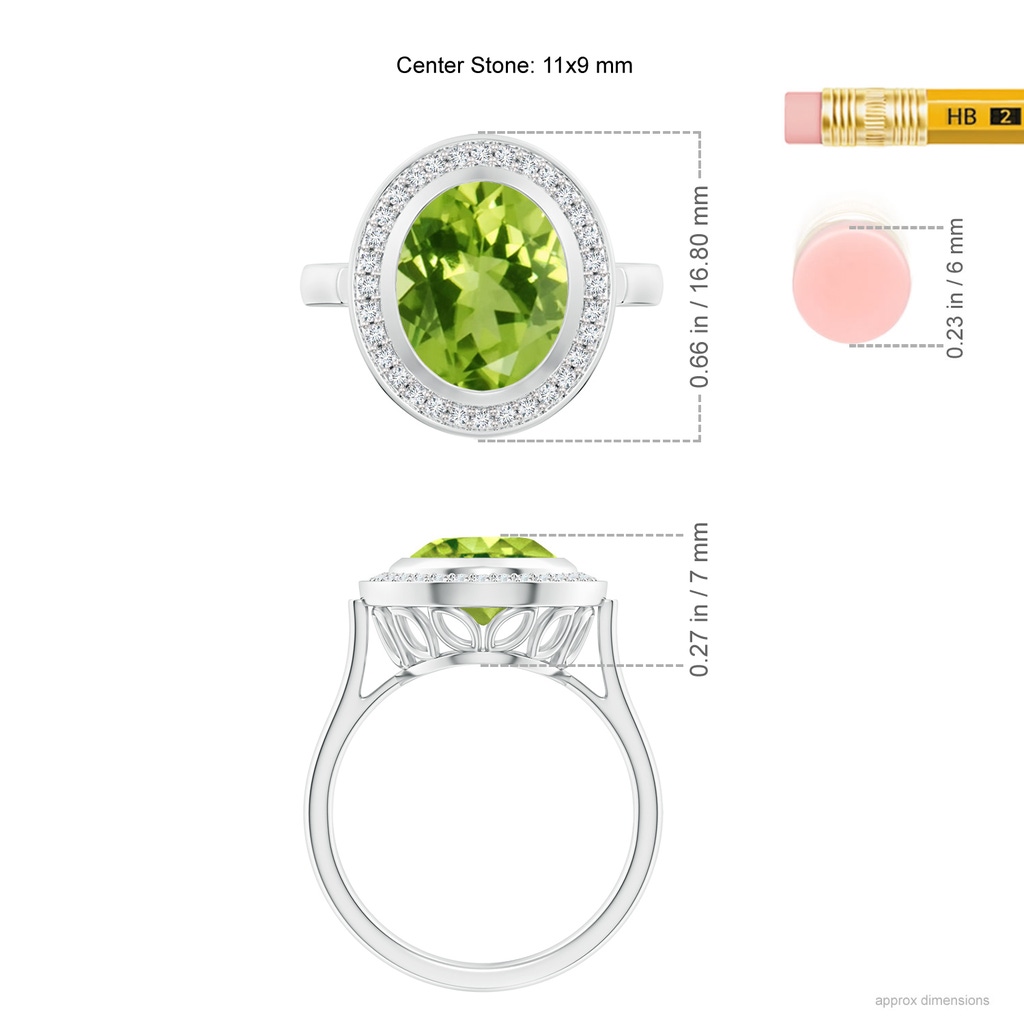 11x9mm AAA Bezel-Set Oval Peridot Ring with Diamond Halo in White Gold Ruler