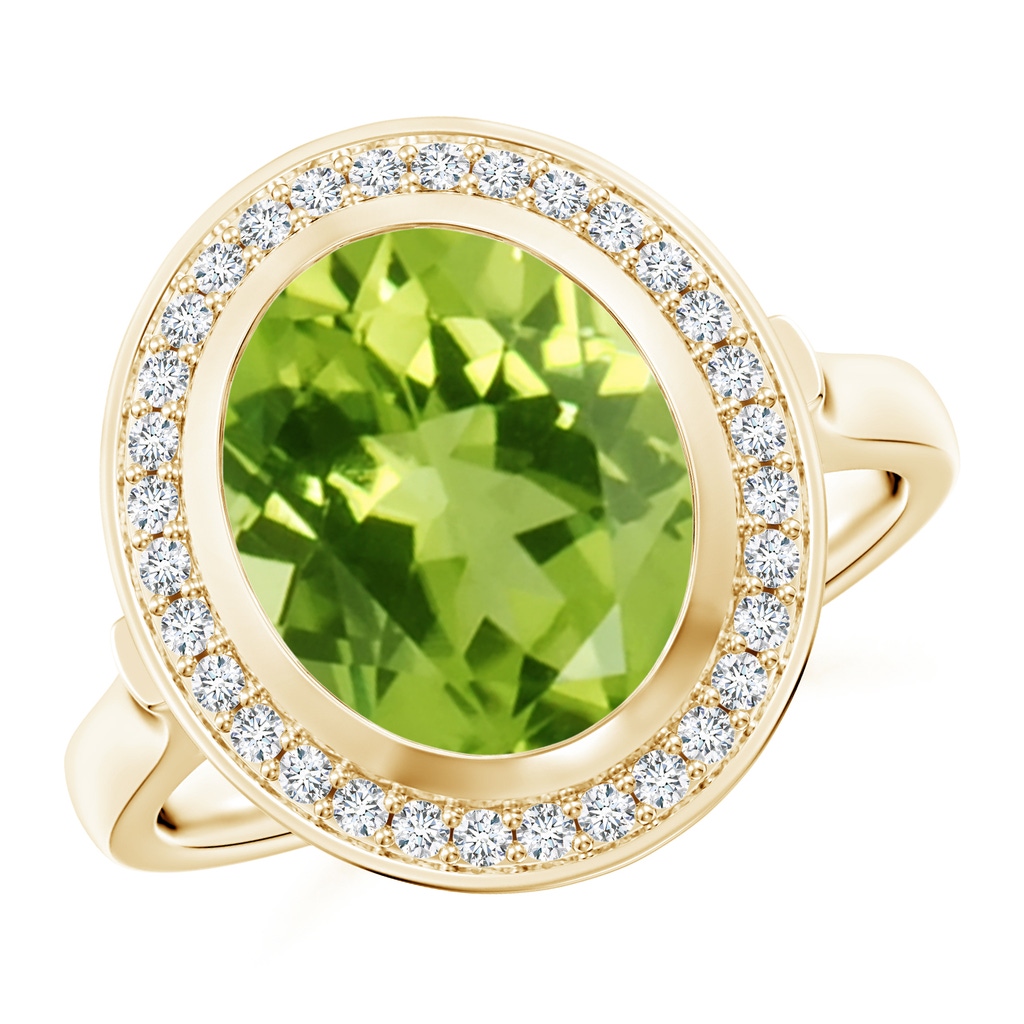 11x9mm AAA Bezel-Set Oval Peridot Ring with Diamond Halo in Yellow Gold
