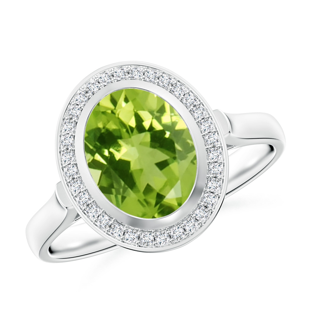 9x7mm AAA Bezel-Set Oval Peridot Ring with Diamond Halo in White Gold