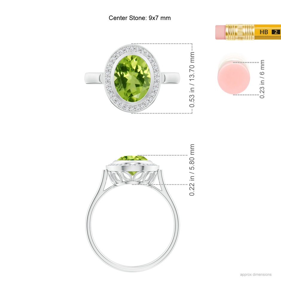 9x7mm AAA Bezel-Set Oval Peridot Ring with Diamond Halo in White Gold ruler