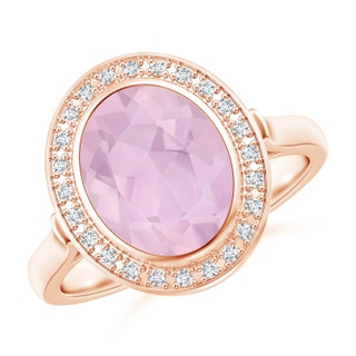 10x8mm AAA Bezel-Set Oval Rose Quartz Ring with Diamond Halo in Rose Gold
