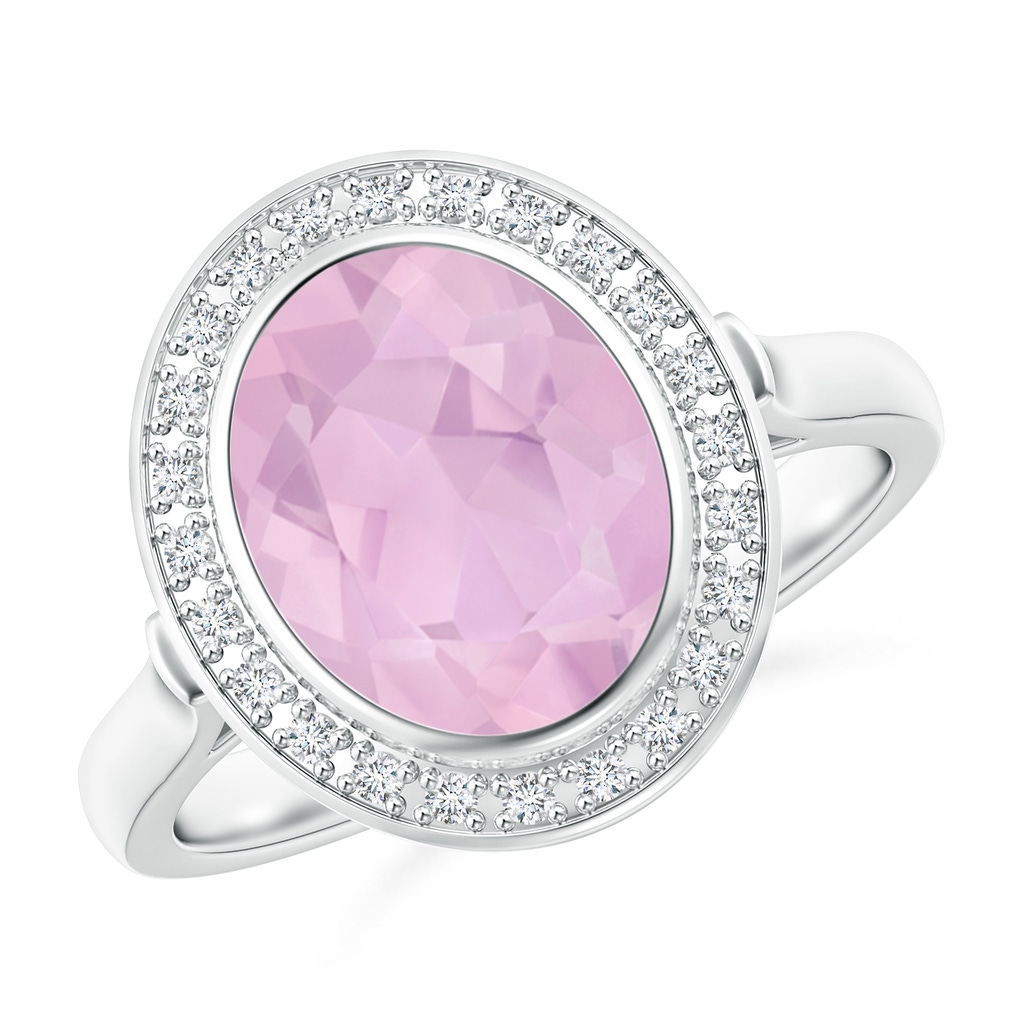10x8mm AAAA Bezel-Set Oval Rose Quartz Ring with Diamond Halo in White Gold