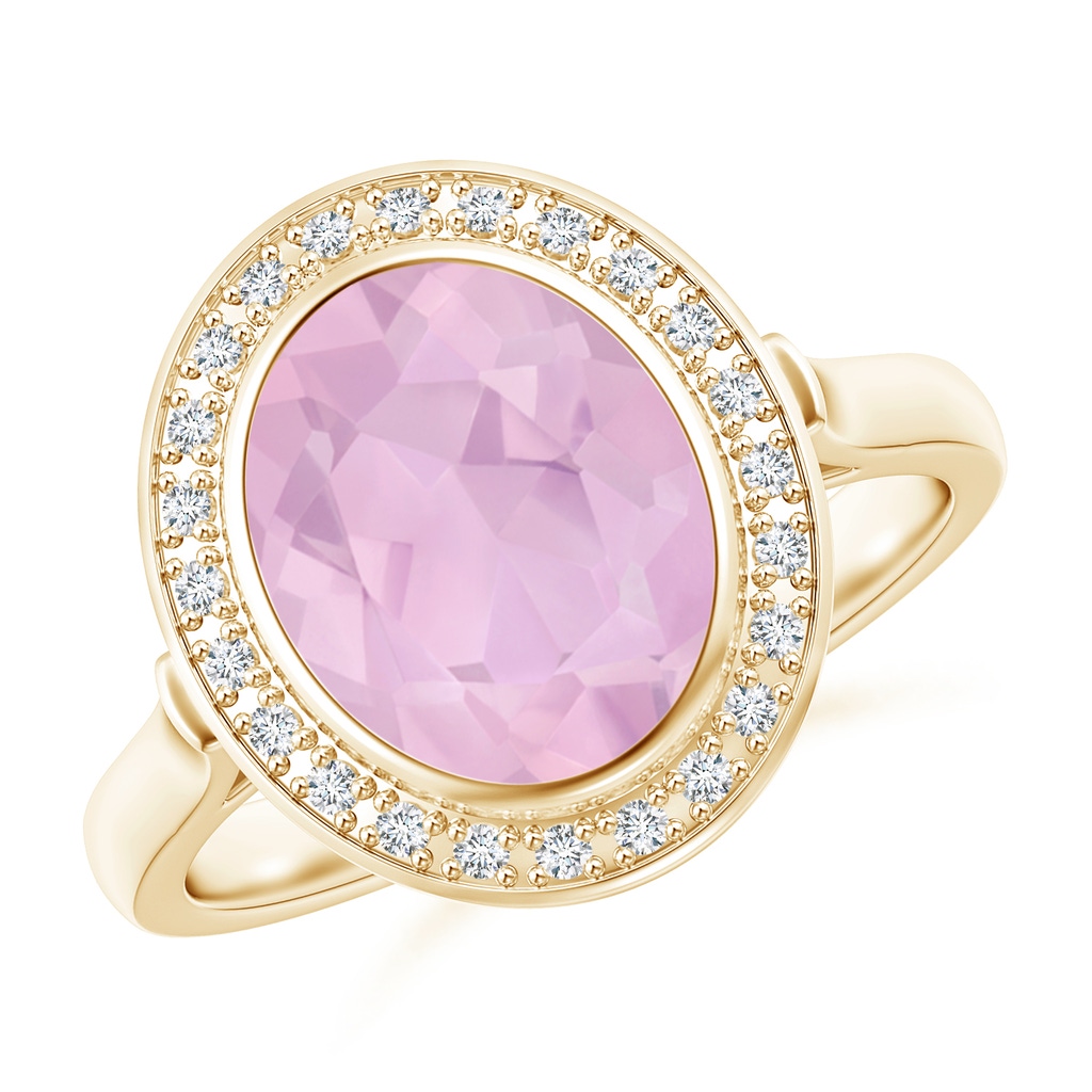 10x8mm AAAA Bezel-Set Oval Rose Quartz Ring with Diamond Halo in Yellow Gold
