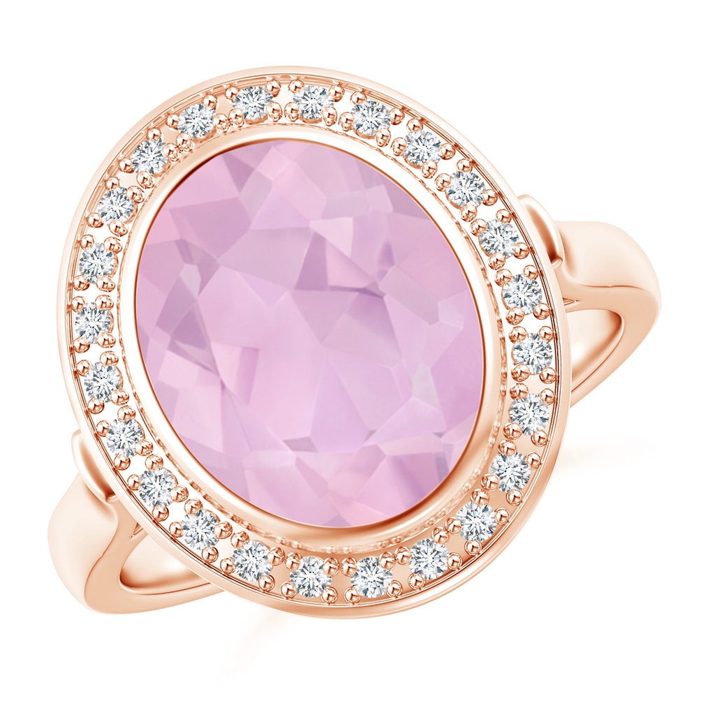 11x9mm AAAA Bezel-Set Oval Rose Quartz Ring with Diamond Halo in Rose Gold