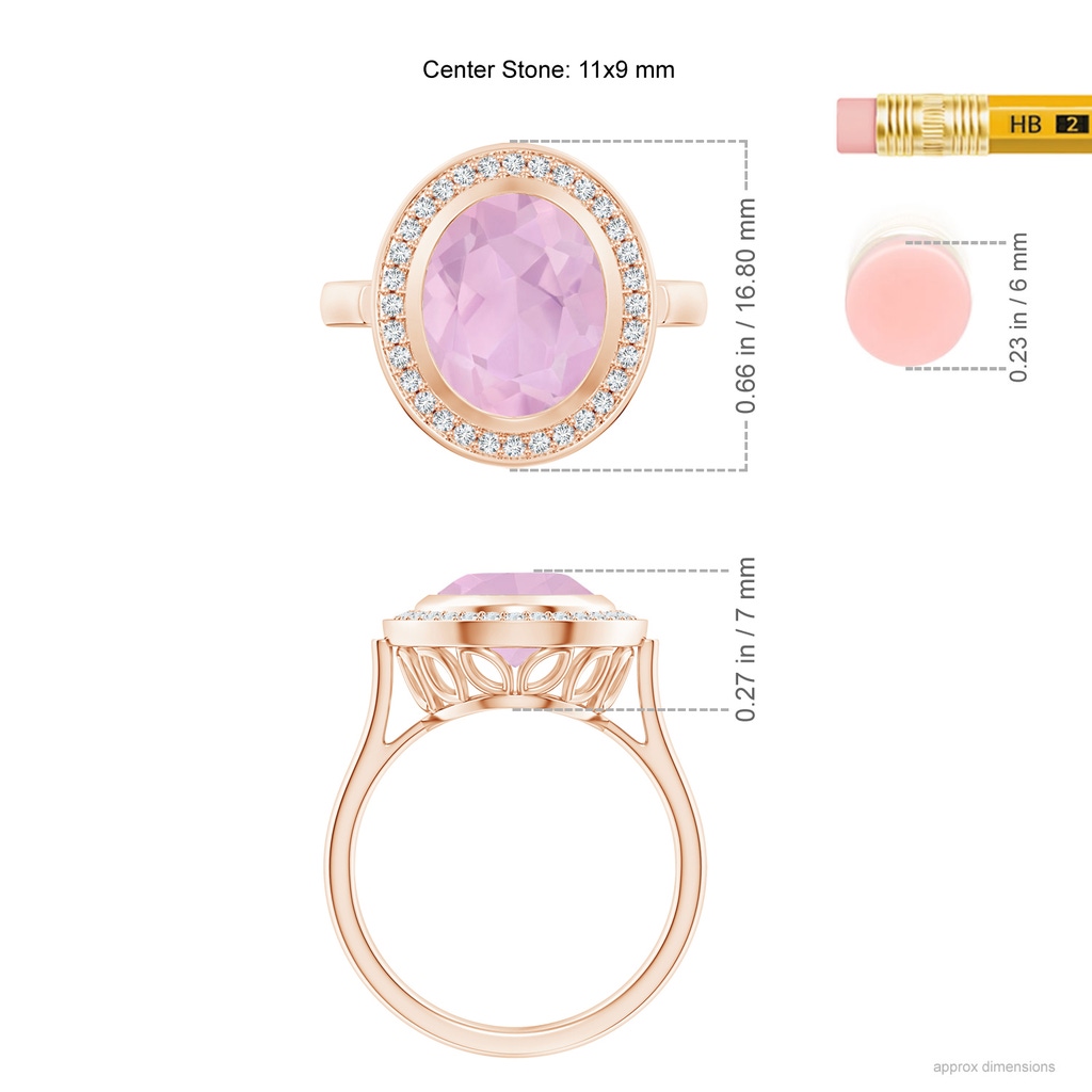 11x9mm AAAA Bezel-Set Oval Rose Quartz Ring with Diamond Halo in Rose Gold Product Image