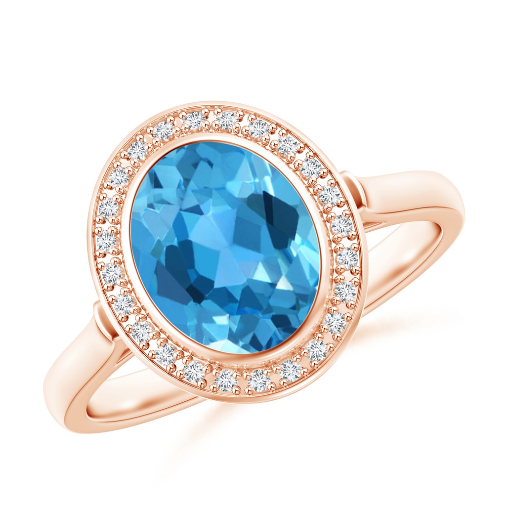 9x7mm AAA Bezel-Set Oval Swiss Blue Topaz Ring with Diamond Halo in Rose Gold