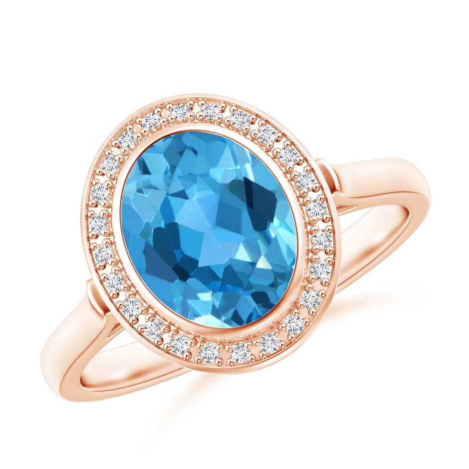 9x7mm AAA Bezel-Set Oval Swiss Blue Topaz Ring with Diamond Halo in Rose Gold 