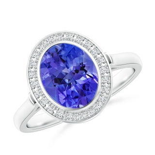 9x7mm AAA Bezel-Set Oval Tanzanite Ring with Diamond Halo in White Gold