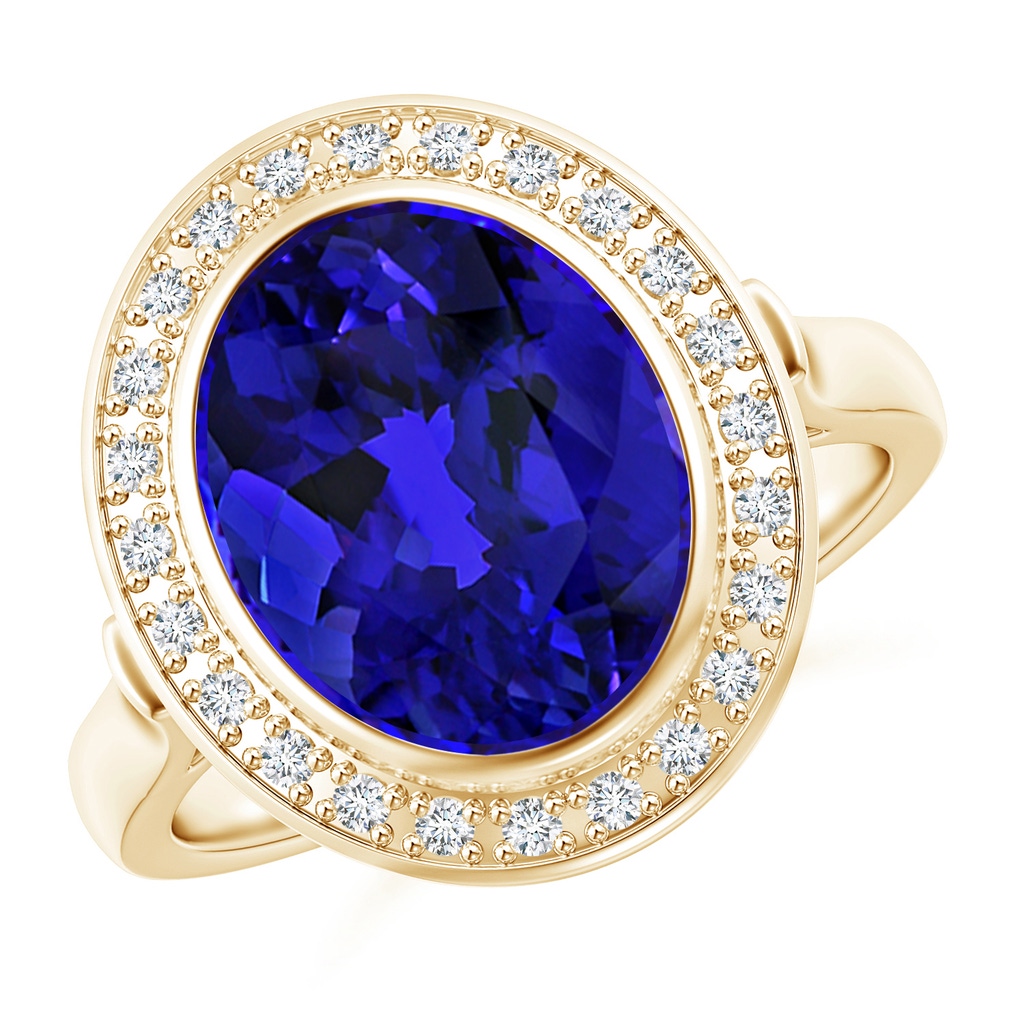15.67x12.90x9.18mm AAAA Bezel-Set GIA Certified Oval Tanzanite Halo Ring in Yellow Gold