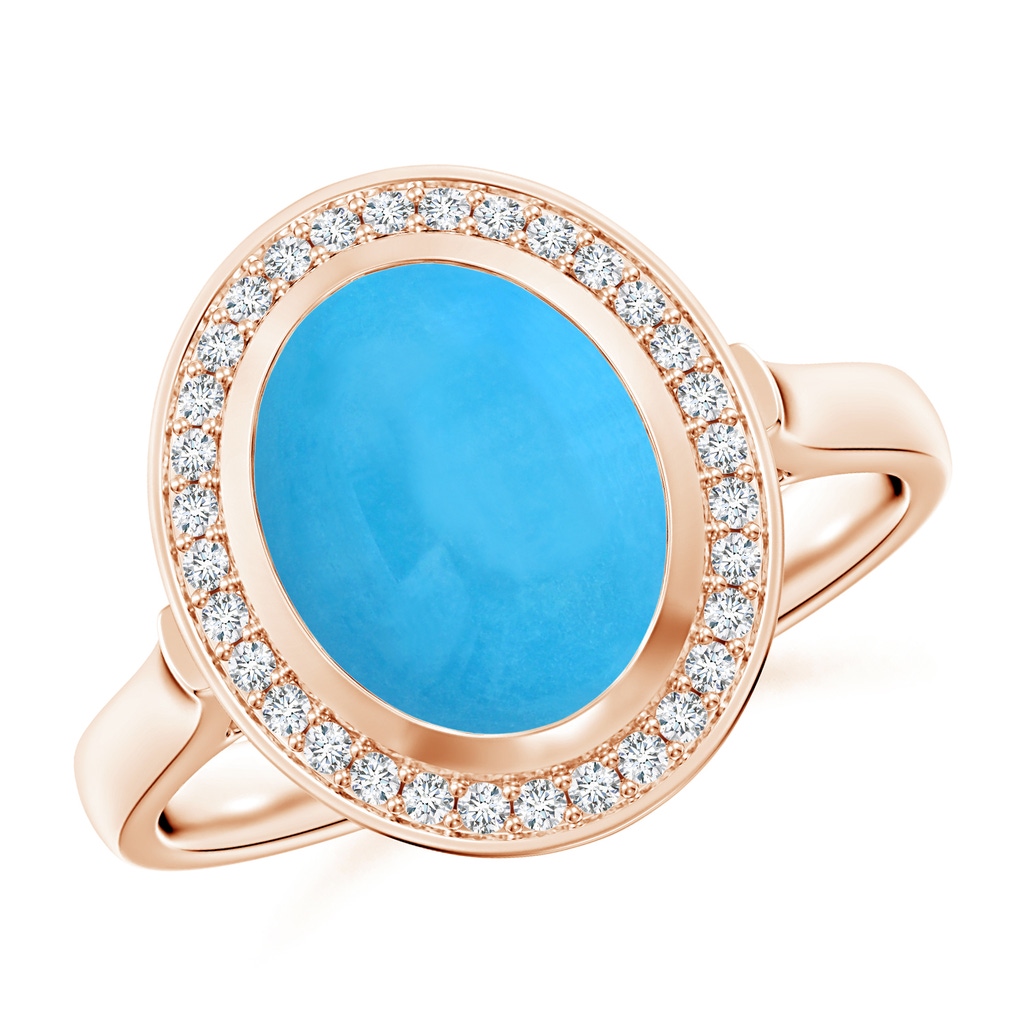 10x8mm AAA Bezel-Set Oval Turquoise Ring with Diamond Halo in Rose Gold
