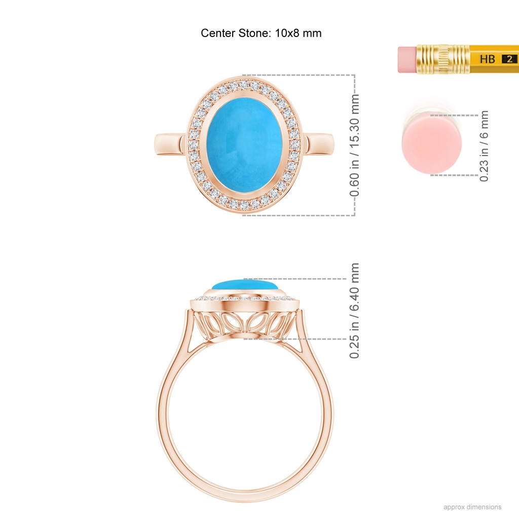 10x8mm AAA Bezel-Set Oval Turquoise Ring with Diamond Halo in Rose Gold Ruler