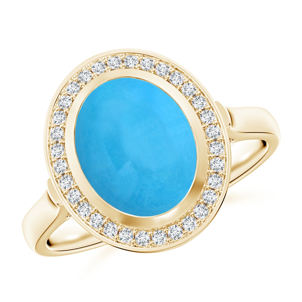10x8mm AAA Bezel-Set Oval Turquoise Ring with Diamond Halo in Yellow Gold