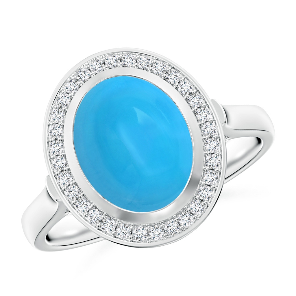 10x8mm AAAA Bezel-Set Oval Turquoise Ring with Diamond Halo in White Gold