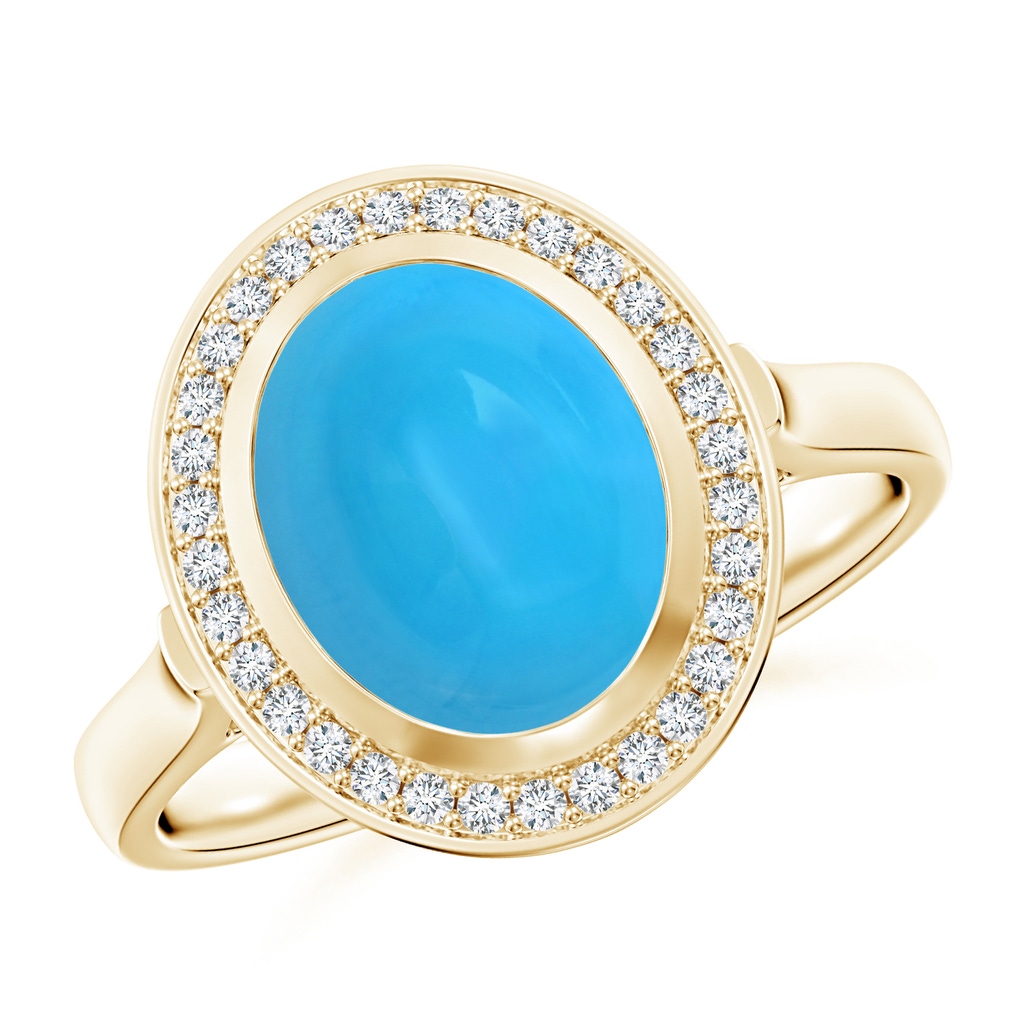 10x8mm AAAA Bezel-Set Oval Turquoise Ring with Diamond Halo in Yellow Gold