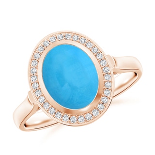 9x7mm AAA Bezel-Set Oval Turquoise Ring with Diamond Halo in 9K Rose Gold