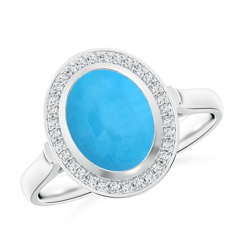 9x7mm AAA Bezel-Set Oval Turquoise Ring with Diamond Halo in White Gold