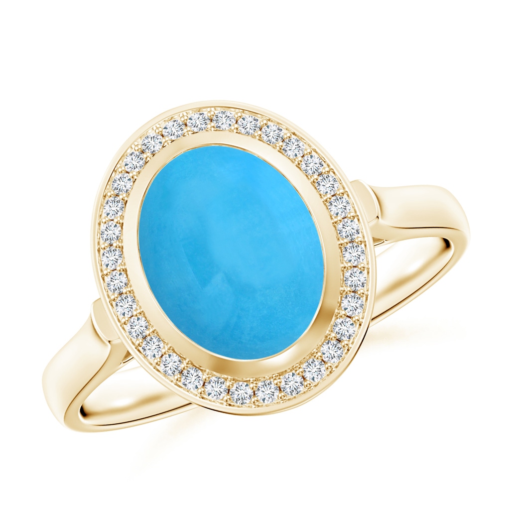 9x7mm AAA Bezel-Set Oval Turquoise Ring with Diamond Halo in Yellow Gold