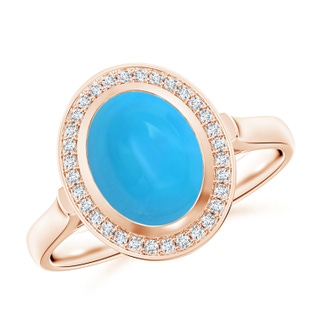 9x7mm AAAA Bezel-Set Oval Turquoise Ring with Diamond Halo in 10K Rose Gold