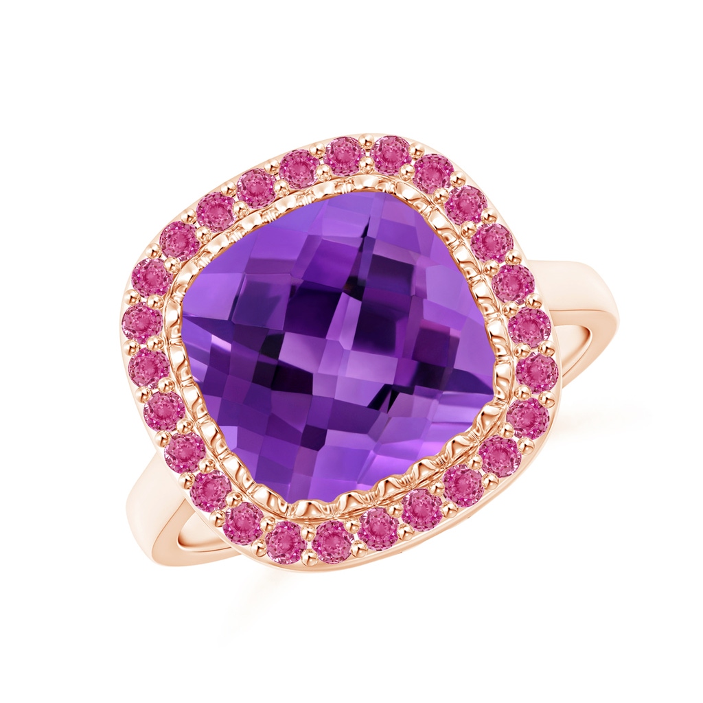 10mm AAA Cushion Amethyst Cocktail Ring with Pink Sapphire Halo in Rose Gold