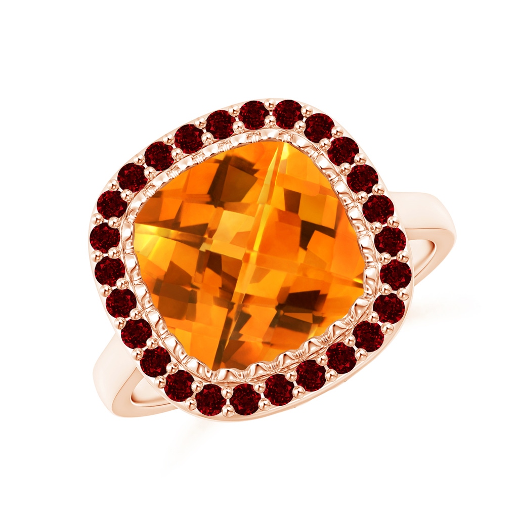 10mm AAAA Cushion Citrine Cocktail Ring with Ruby Halo in Rose Gold