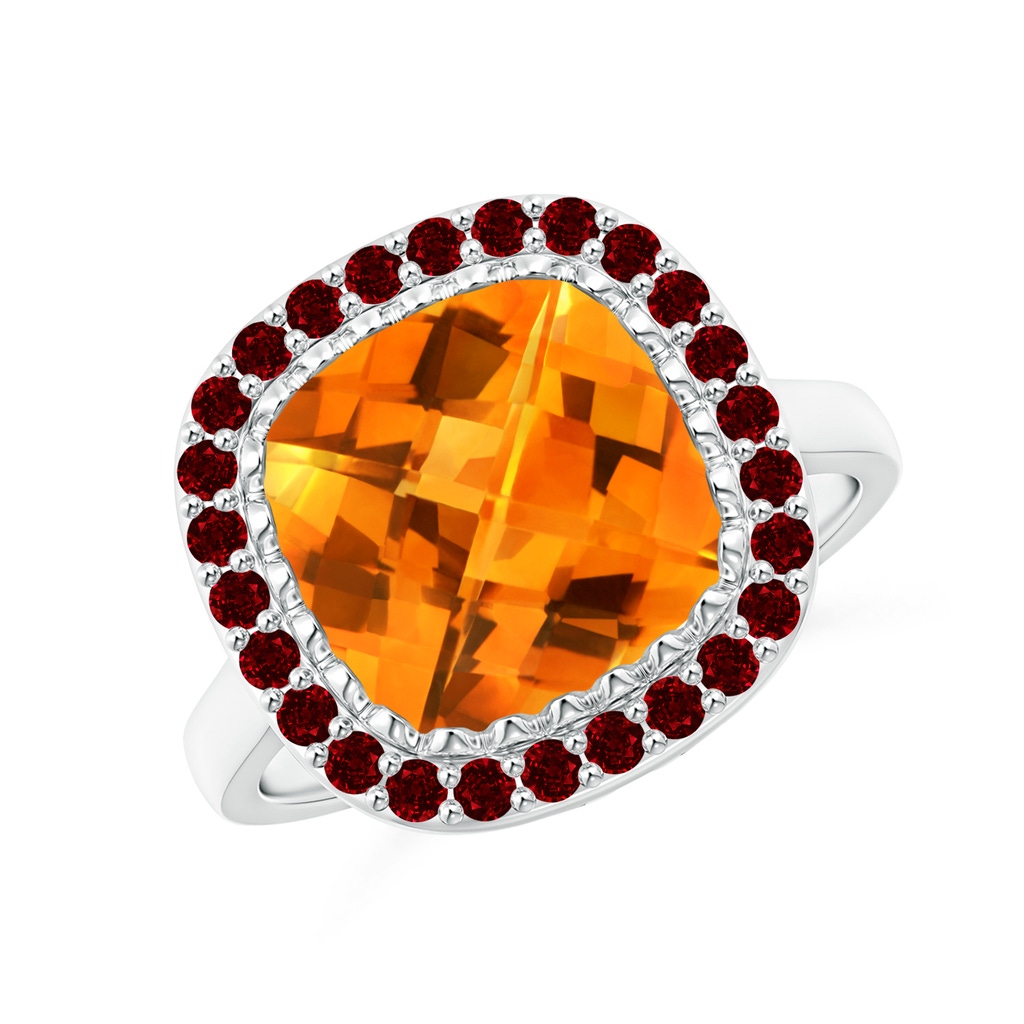 10mm AAAA Cushion Citrine Cocktail Ring with Ruby Halo in White Gold
