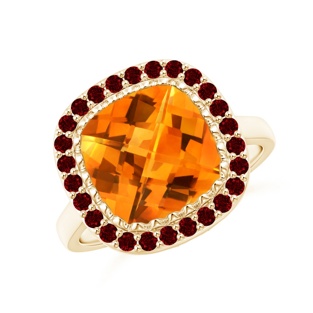 10mm AAAA Cushion Citrine Cocktail Ring with Ruby Halo in Yellow Gold