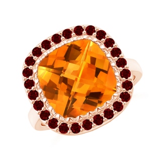 11mm AAAA Cushion Citrine Cocktail Ring with Ruby Halo in Rose Gold