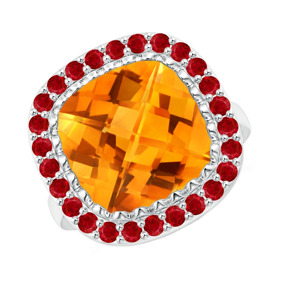 12mm AAA Cushion Citrine Cocktail Ring with Ruby Halo in White Gold 
