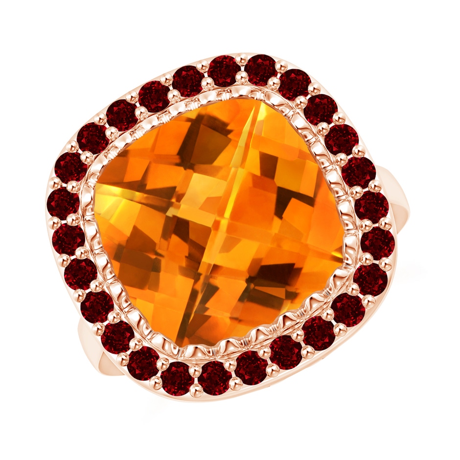 12mm AAAA Cushion Citrine Cocktail Ring with Ruby Halo in Rose Gold 