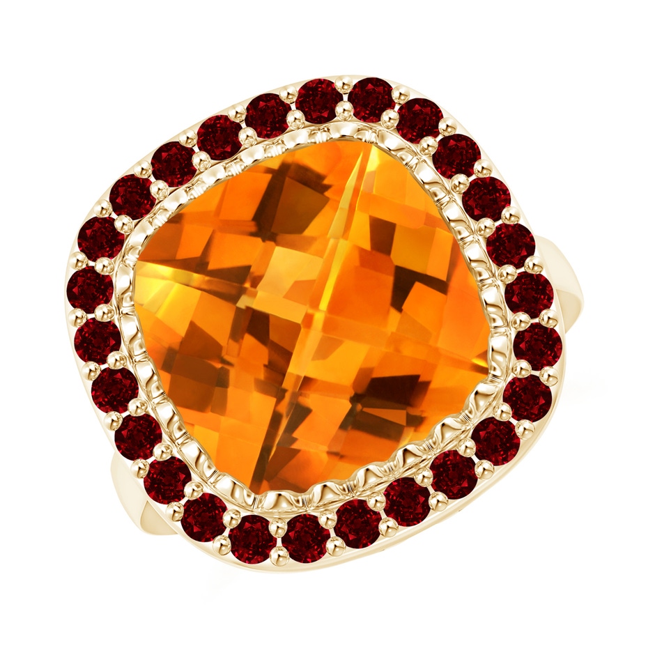 12mm AAAA Cushion Citrine Cocktail Ring with Ruby Halo in Yellow Gold 