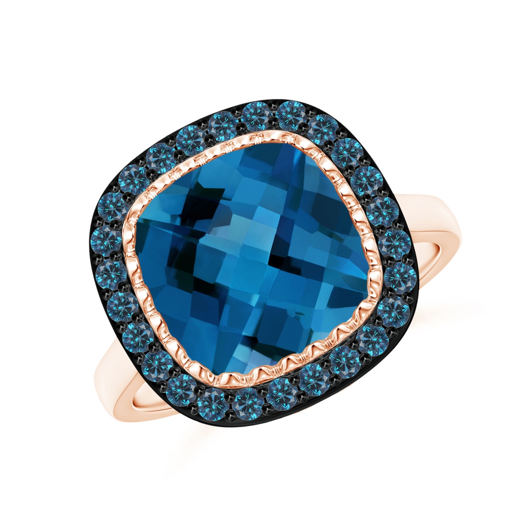 10mm AAA London Blue Topaz Cocktail Ring with Blue Diamond Halo in Rose Gold