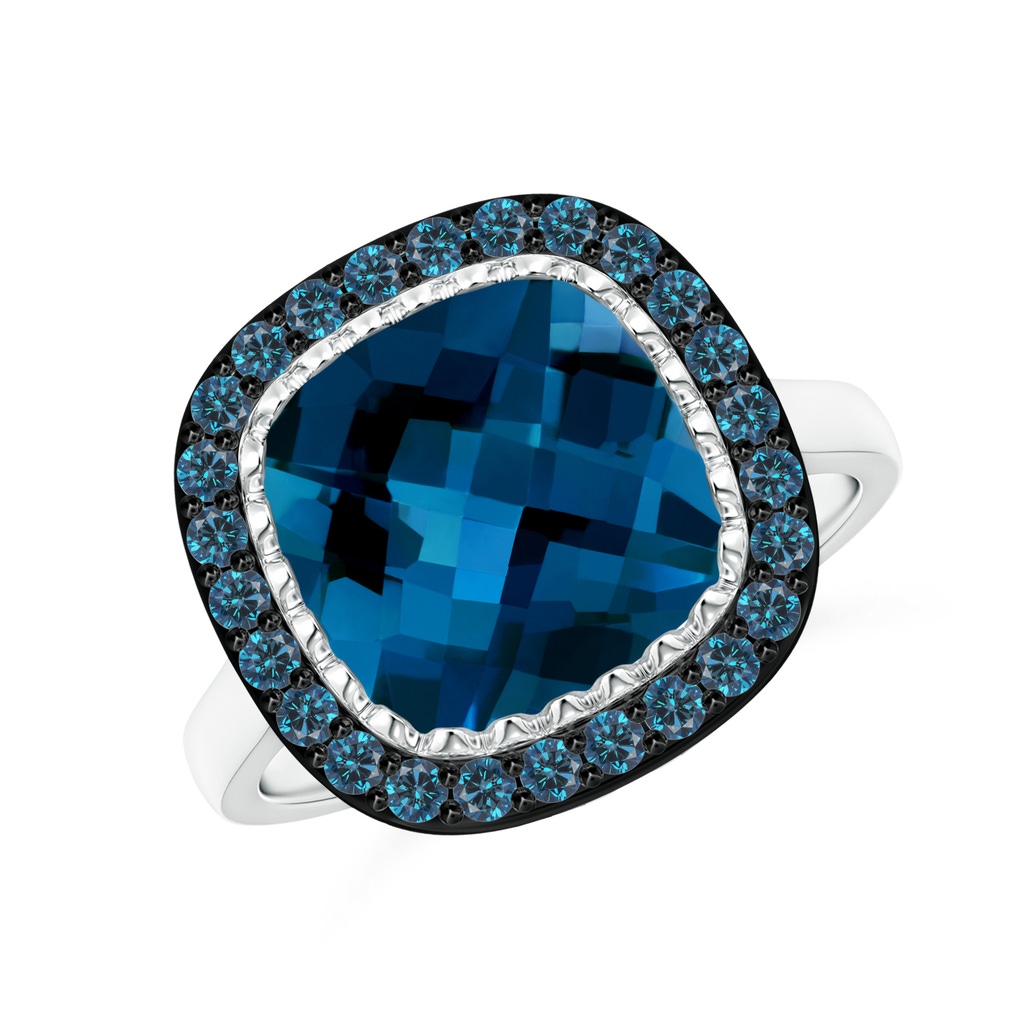 10mm AAAA London Blue Topaz Cocktail Ring with Blue Diamond Halo in 9K White Gold