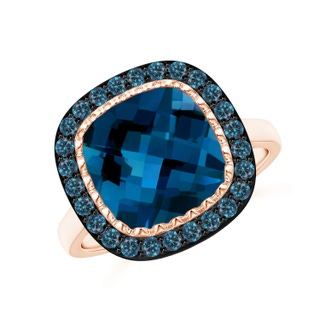 10mm AAAA London Blue Topaz Cocktail Ring with Blue Diamond Halo in Rose Gold