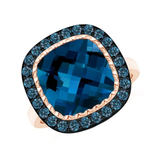 11mm AAAA London Blue Topaz Cocktail Ring with Blue Diamond Halo in Rose Gold