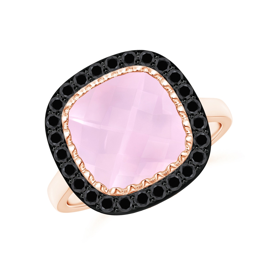 10mm AAA Cushion Rose Quartz Cocktail Ring with Black Diamond Halo in Rose Gold
