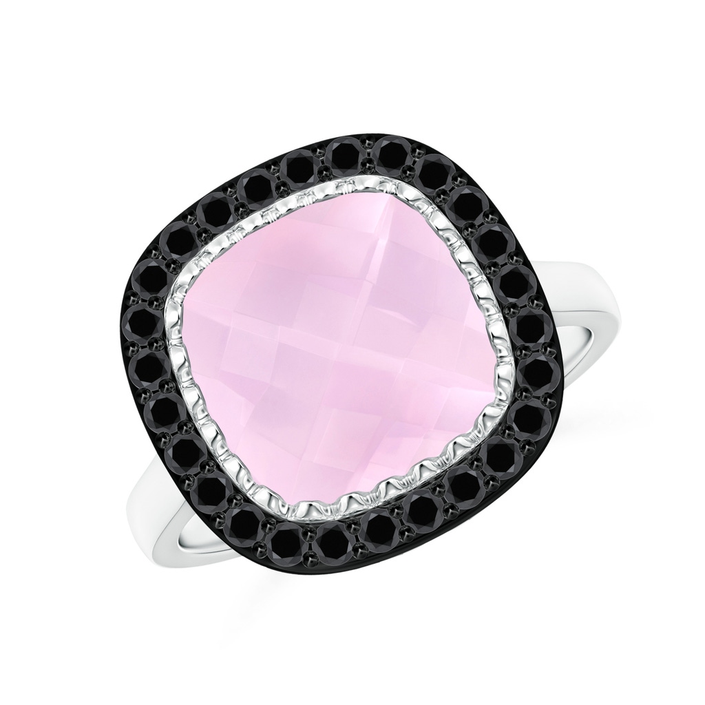 10mm AAAA Cushion Rose Quartz Cocktail Ring with Black Diamond Halo in White Gold