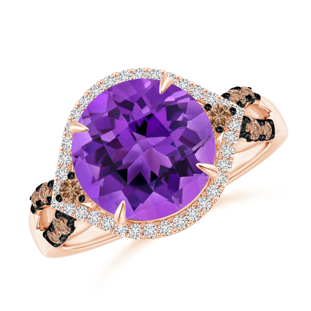 10mm AAA Round Amethyst Cocktail Ring with Coffee Diamond Accents in Rose Gold