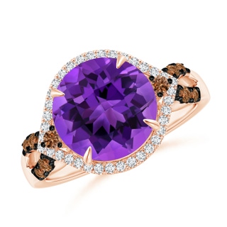 10mm AAAA Round Amethyst Cocktail Ring with Coffee Diamond Accents in Rose Gold