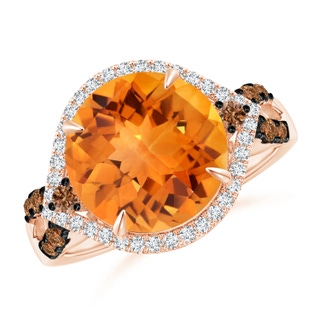 11mm AAAA Round Citrine Cocktail Ring with Coffee Diamond Accents in Rose Gold