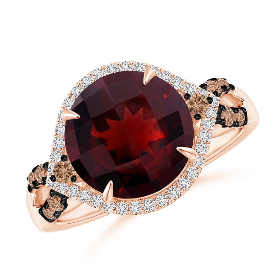 10mm AAA Round Garnet Cocktail Ring with Coffee Diamond Accents in Rose Gold 