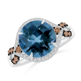 10mm AAA London Blue Topaz Cocktail Ring with Coffee Diamond Accents in White Gold