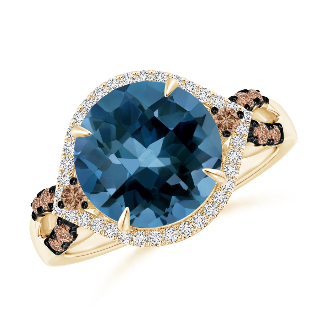10mm AAA London Blue Topaz Cocktail Ring with Coffee Diamond Accents in Yellow Gold