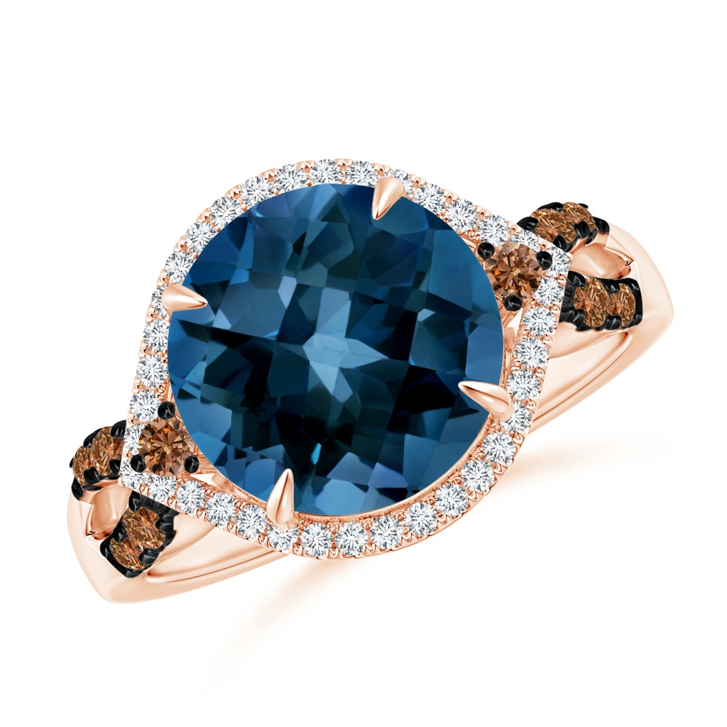 10mm AAAA London Blue Topaz Cocktail Ring with Coffee Diamond Accents in Rose Gold